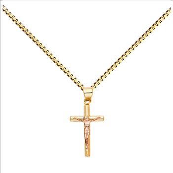 14K Two Tone Gold Crucufix Pendant With Yellow Gold 0.8mm Box Chain - 22 Inch