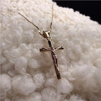 14K Two Tone Gold Crucufix Pendant With Yellow Gold 0.8mm Box Chain - 24 Inch