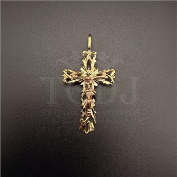 14K Two Tone Gold Fancy Crucufix Pendant With Yellow Gold 2.7mm Cuban Chain - 16 Inch