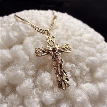 14K Two Tone Gold Fancy Crucufix Pendant With Yellow Gold 2.7mm Cuban Chain - 16 Inch