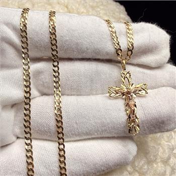 14K Two Tone Gold Crucufix Pendant With Yellow Gold 0.8mm Box Chain - 22 Inch