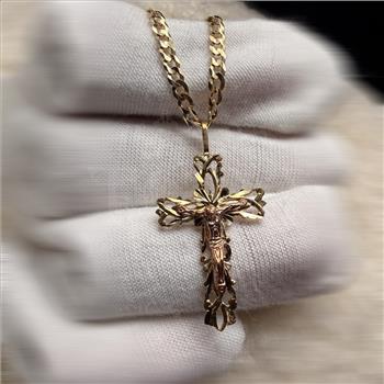 14K Two Tone Gold Fancy Crucufix Pendant With Yellow Gold 2.7mm Cuban Chain - 24 Inch
