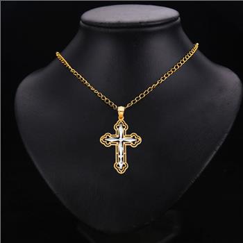 14K Two Tone Gold Cross Religious Cross Pendant - 25 mm X 19 mm