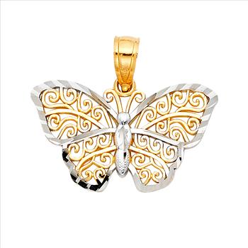 14K Two Tone White Yellow Gold Butterfly Pendant - 13 mm X 20 mm