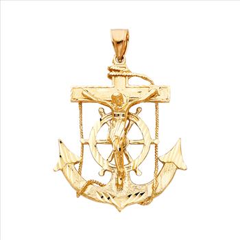 14K Yellow Gold Mariner Religious Crucifix Pendant -  55 mm X 50 mm