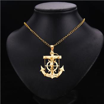 14K Yellow Gold Mariner Religious Crucifix Pendant -  55 mm X 50 mm