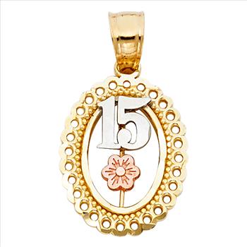 14K Tri Color Gold 15 Years Heart Pendant with 14K Tri Color Gold 1.5mm Valentono Chain - 18 Inch