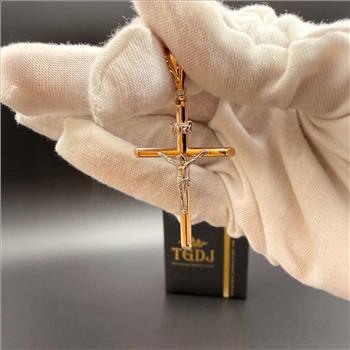 14K Two Tone Gold  Hollow Round Tube Crucufix