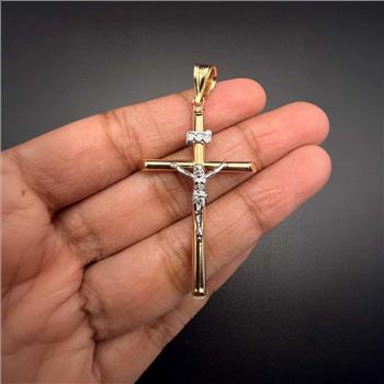14K Two Tone Gold  Hollow Round Tube Crucufix