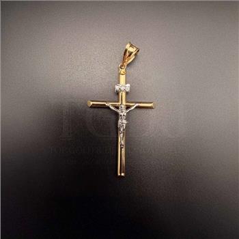 14K Two Tone Gold  Hollow Round Tube Crucufix