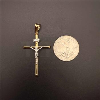 14K Two Tone Gold  Hollow Round Tube Crucufix