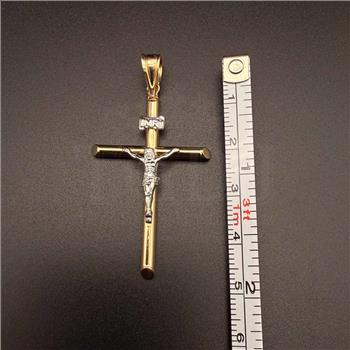 14K Two Tone Gold  Hollow Round Tube Crucufix