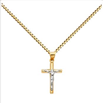 14K Two Tone Gold Hollow Round Tube Crucufix Cross Pendant