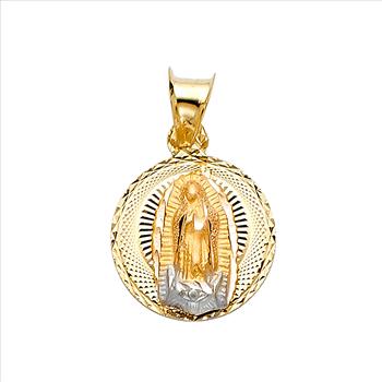 14K Tri Color Yellow Rose White Gold Diamond cut Guadlupe Stamp Religious Pendant - 15 mm X 12 mm