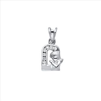 14K White Gold Cubic Zirconia Girl Prayer Religious Pendant - 13 mm X 08 mm