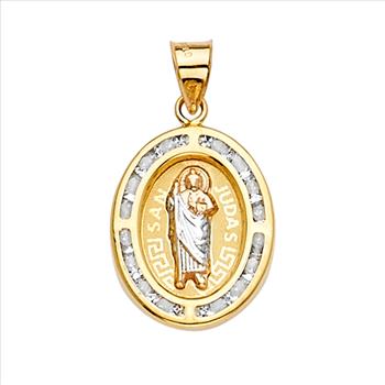 14K Tri Color Gold Cubic zirconia San Judas Medal Pendant