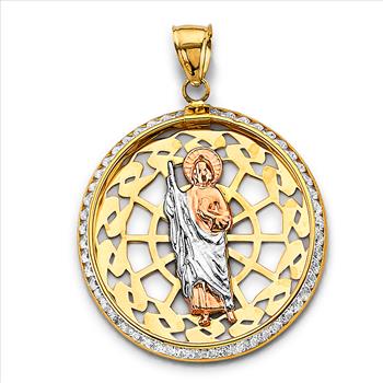 14K Tri Color Gold Cubic zirconia Round St. Jude Thaddeus Pendant