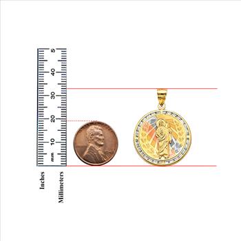 14K Tri Color Gold Cubic zirconia Crucufix Round St. Jude Thaddeus Pendant