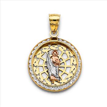 14K Tri Color Gold Cubic zirconia Round St. Jude Thaddeus Pendant