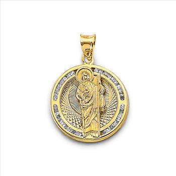 14K Two Tone Cubic zirconia Round St. Jude Thaddeus Pendant