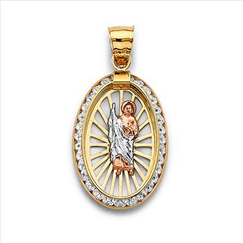 14K Tri Color Gold Cubic zirconia Oval St. Jude Thaddeus Pendant