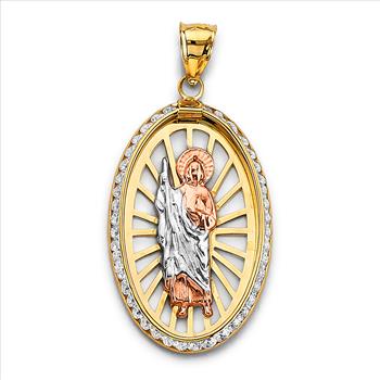14K Tri Color Gold Cubic zirconia Oval St. Jude Thaddeus Pendant