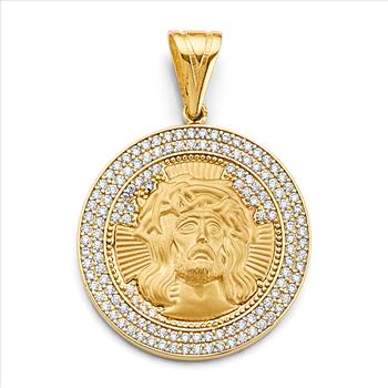 14K Yellow Gold cubic zirconia Round Jesus Face Pendant
