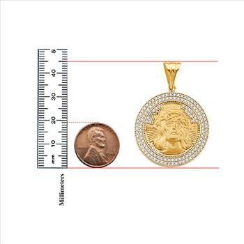 14K Yellow Gold cubic zirconia Round Jesus Face Pendant