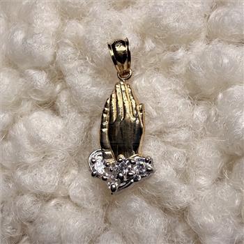 14K Two Tone Gold Cubic zirconia  Praying Hands Pendant