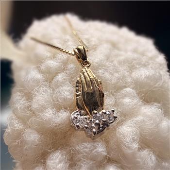14K Two Tone Gold Cubic zirconia  Praying Hands Pendant
