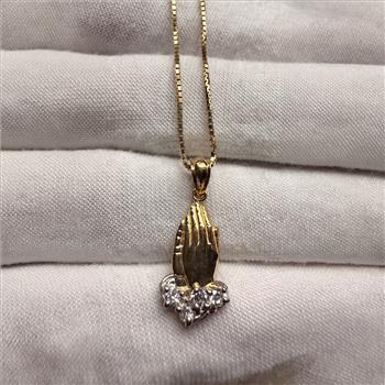 14K Two Tone Gold Cubic zirconia  Praying Hands Pendant