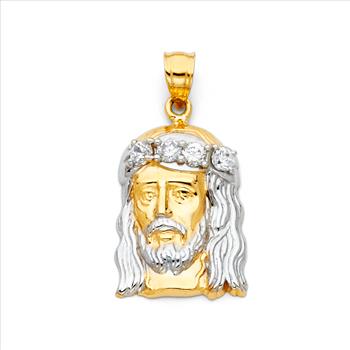 14K Two Tone Gold cubic zirconia Jesus Christ Head Pendant