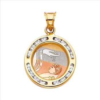 14K Tri Color Gold cubic zirconia Religious Round Baptism Pendant
