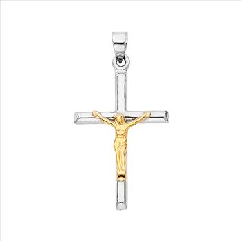 14K Two Tone Yellow and White Gold Crucifix Pendant - Suitable for Men & Women - 32 mm X 21 mm