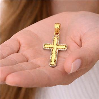 14K Two Tone Gold Cross Religious Pendant - 21 mm X 15 mm