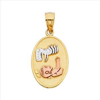 14K Tri Color Gold Religious Baptism Pendant Oval  Pendant