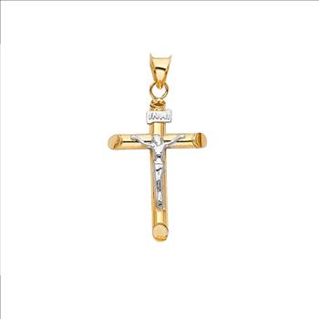 14K Real  Two Tone Gold Jesus Christ INRI Cross Pendant- Crucifix 2T Gold