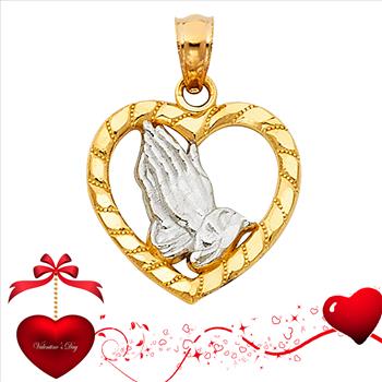14K Two Tone Religious Praying Hands in Heart Pendant