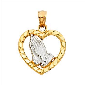 14K Two Tone Religious Praying Hands in Heart Pendant