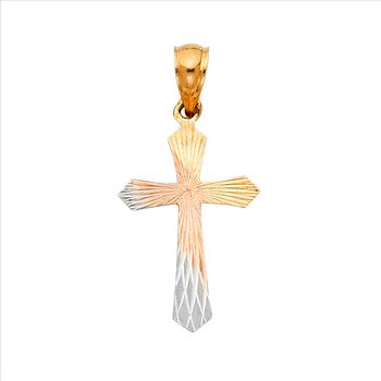 14K Tri Color Yellow Rose White Gold Religious Cross Stamp Pendant - 22 mm x 15 mm