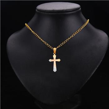 14K Tri Color Yellow Rose White Gold Religious Cross Stamp Pendant - 22 mm x 15 mm