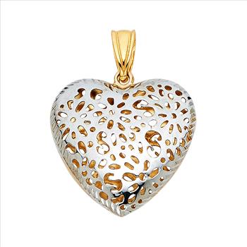 14K Two Tone Yellow and White Gold Flower Heart Pendant - 20 mm X 21 mm