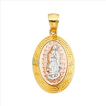 14K Tri Color Yellow Rose White Gold Religious Guadalupe Pendant  - 20 mm x 15 mm