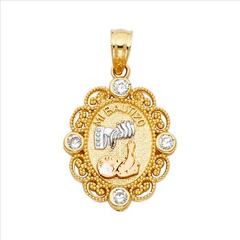 14K Tri Color Gold cubic zirconia Religious Baptism Pendant
