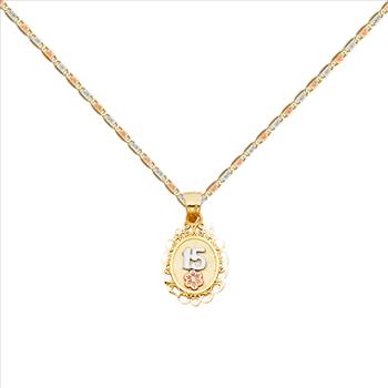 14K Tri Color Gold 15 Years Heart Pendant with 14K Tri Color Gold 1.5mm Valentono Chain -16 Inch