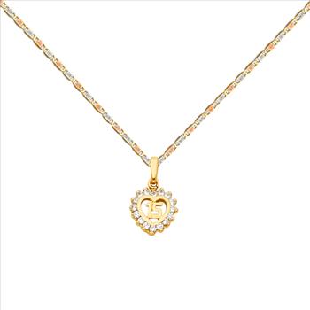 14K Yellow Gold 15 Years Heart Pendant with 14K Tri Color Gold 1.5mm Valentono Chain -18 Inch