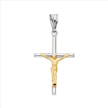 14K Two Tone Yellow and White Gold Crucifix Pendant - Suitable for Men & Women - 38 mm X 25 mm