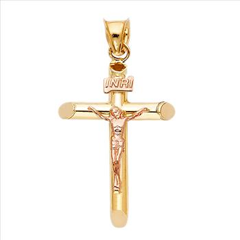14K Two Tone Yellow and Rose Gold Crucifix Pendant - Suitable for Men & Women -  25 mm X 17 mm