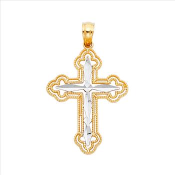  14K Two Tone Gold Cross Religious Cross Pendant - 25 mm X 19 mm 