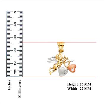  14K Tri Color Yellow Rose White Gold Cubic Zirconia Cupid Pendant 16mm x 19mm 